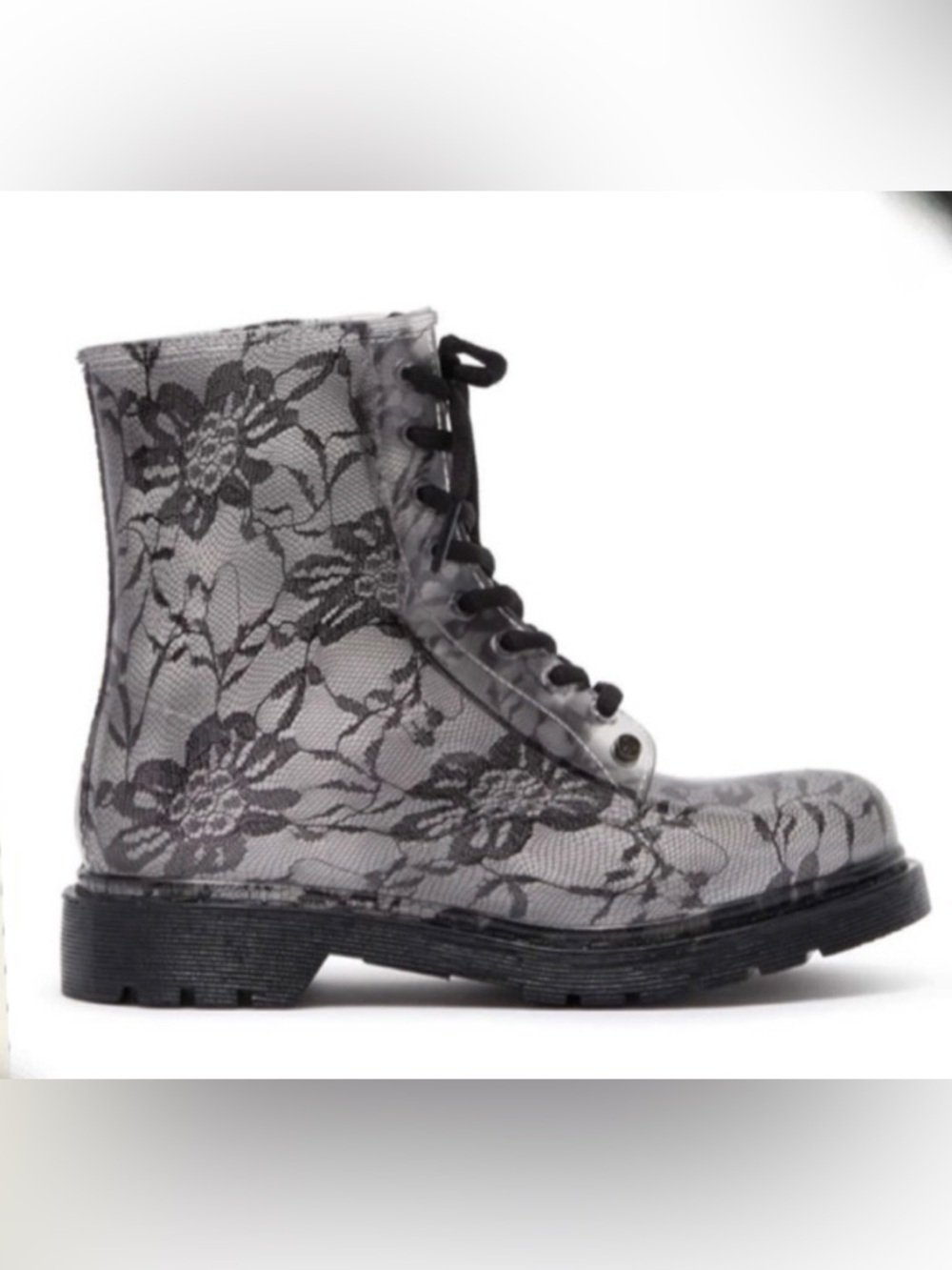 G-Six Workshop Ginny Flower Clear Rubber Black Lace Rain, Combat Boot, SZ 37/6.5
